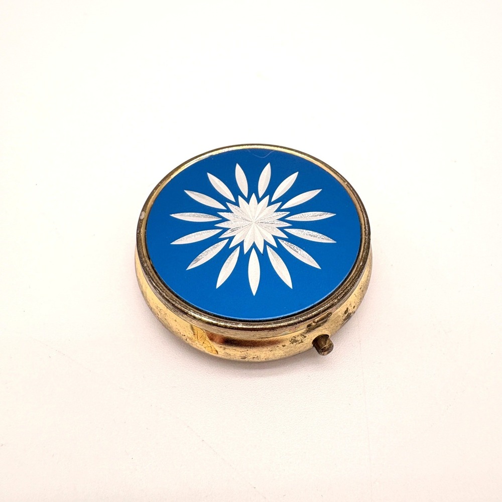 Vintage Blue Starburst Pill Box Gold Tone Round Mirror 3 Compartment Travel Case